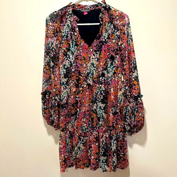Vince Camuto black/multi color floral mini dress with sheer sleeves Sz Small - Picture 4 of 6